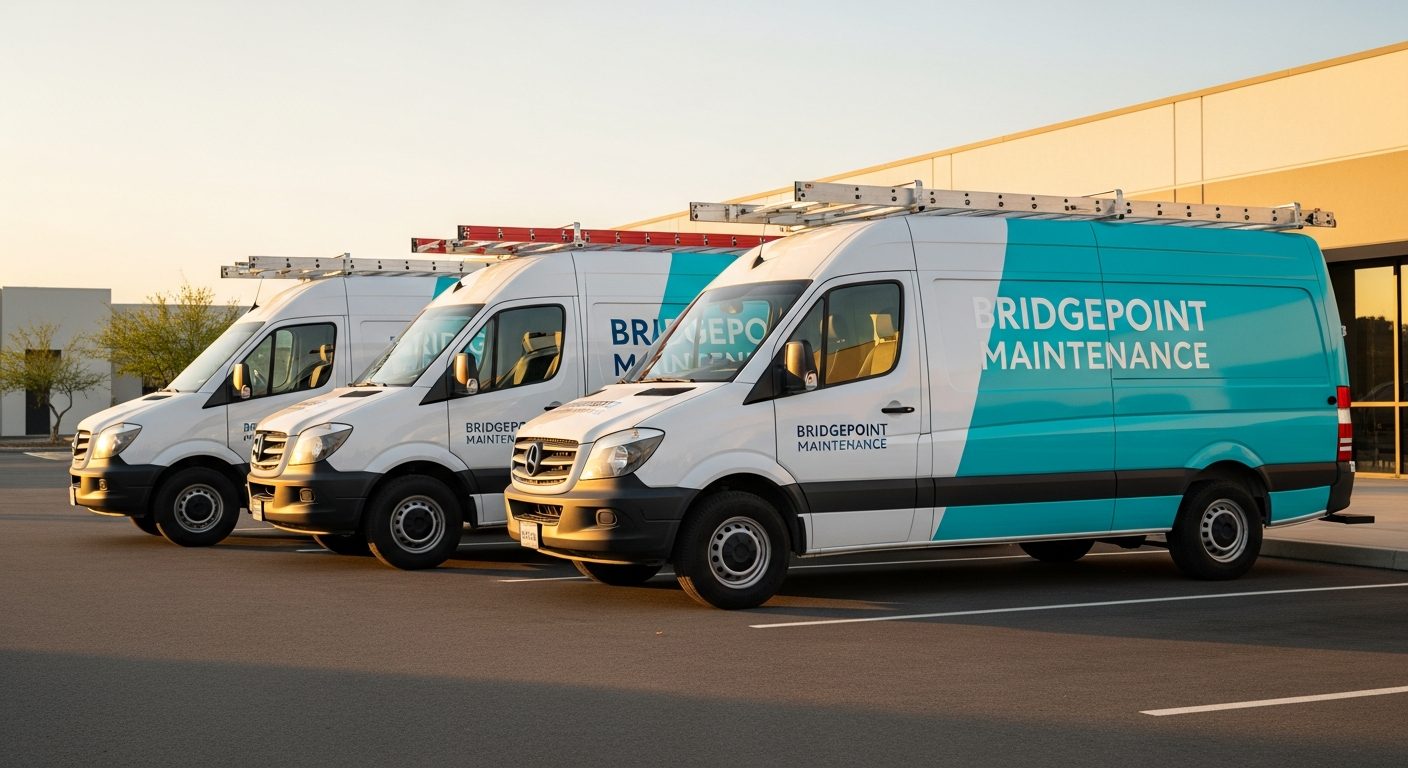 Three Bridgepoint Maintenance branded vans at the North American service desk at golden hour