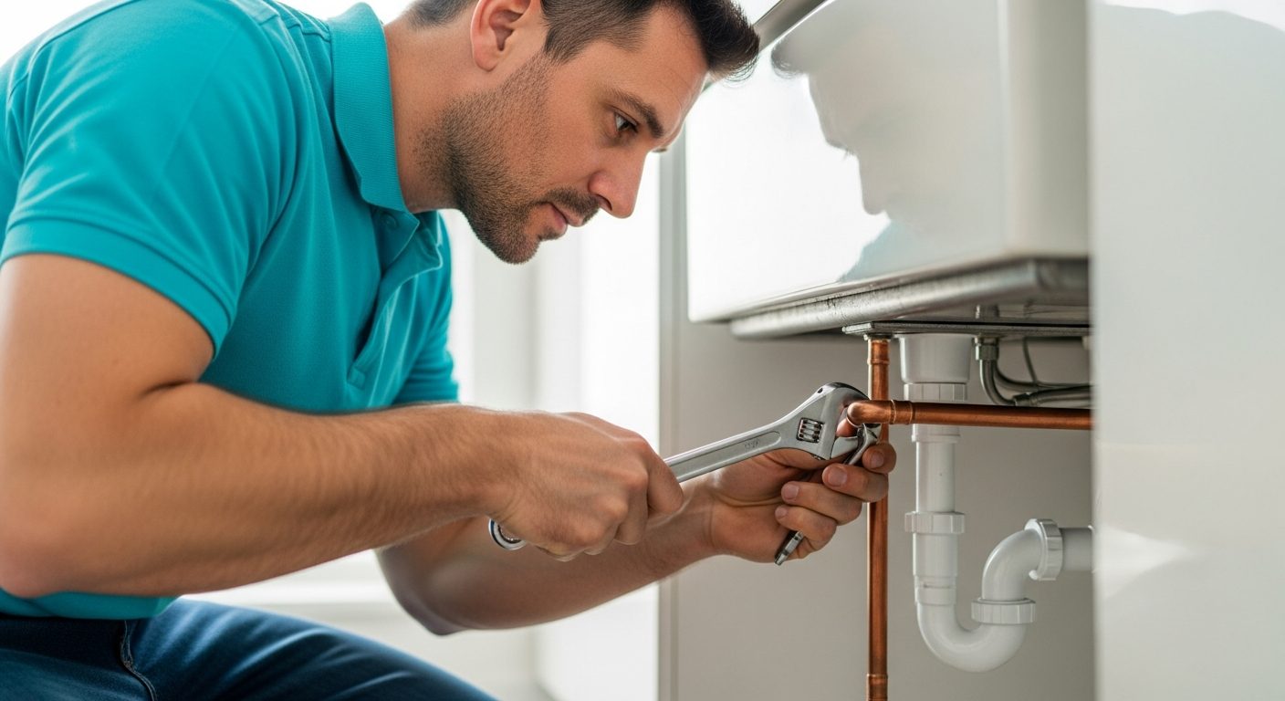 Bridgepoint plumber in cyan uniform working on copper pipes