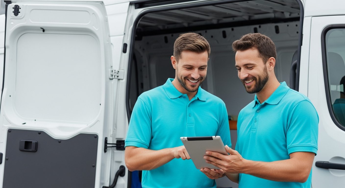 Two Bridgepoint technicians reviewing a tablet at the back of the van
