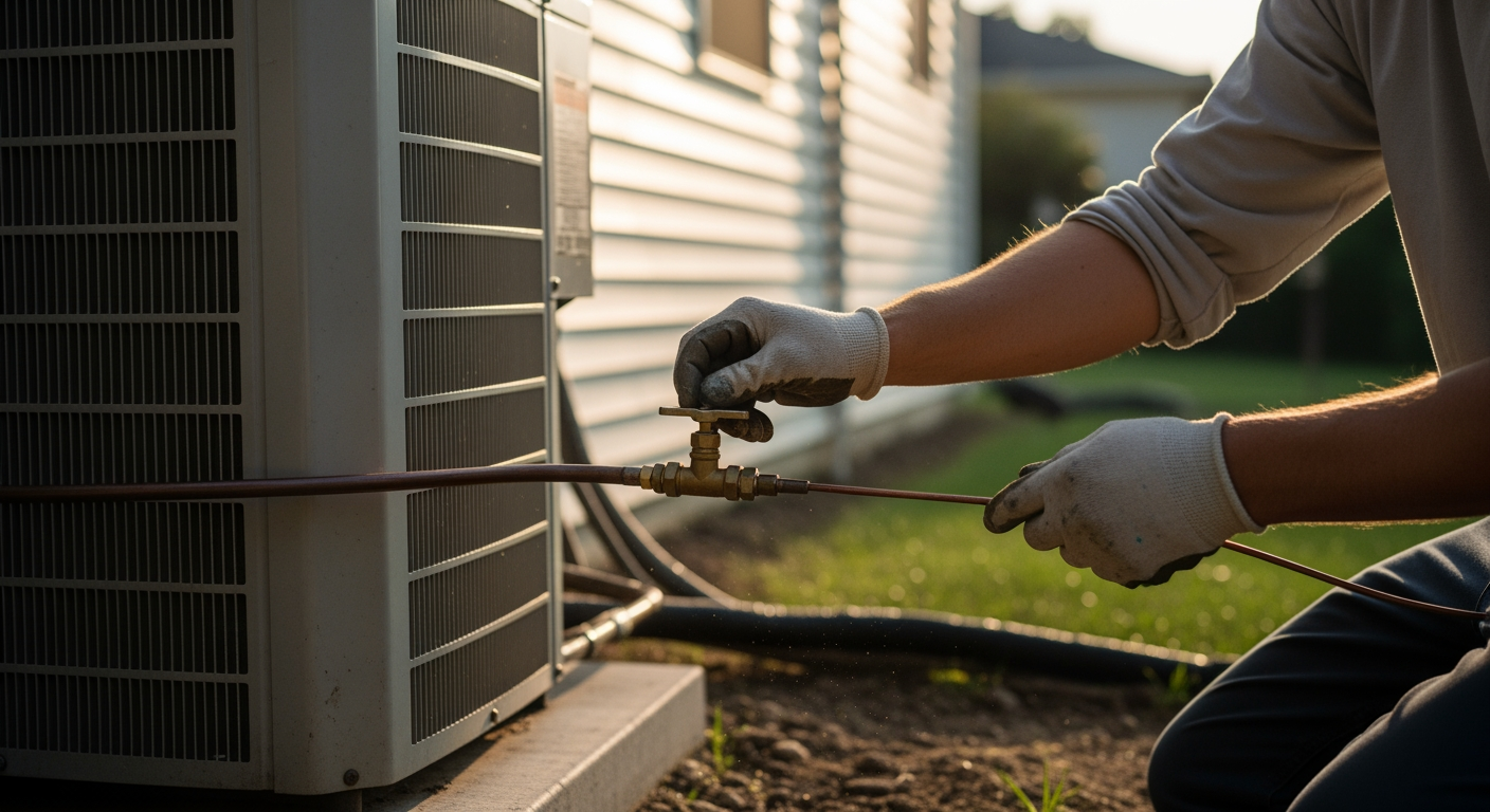 Residential AC condenser being serviced with a technician's hands working the unit in late afternoon light