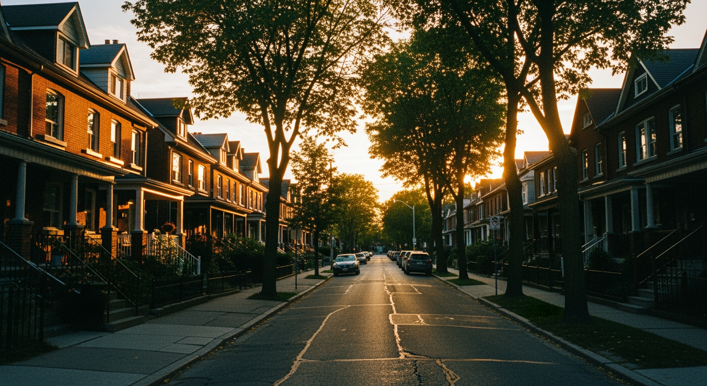A residential Toronto street with brick homes lining the road in warm afternoon light