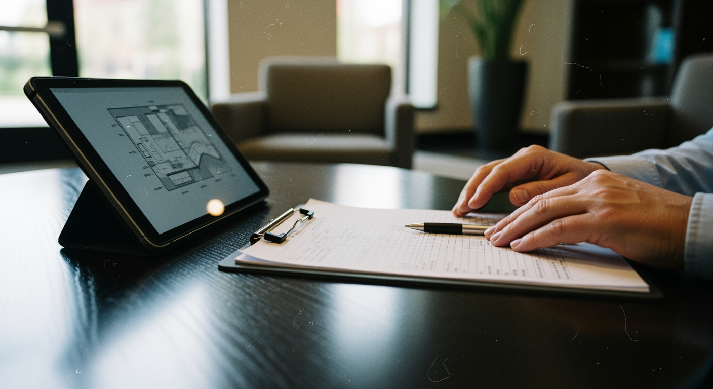 Clipboard and tablet on a residential building lobby table with a technician's hands reviewing notes