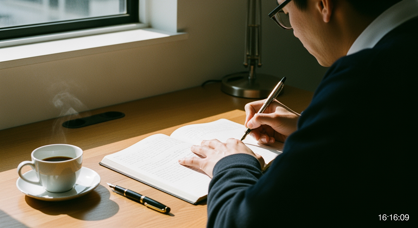 A notebook and fountain pen on a wooden desk beside a coffee cup in soft window light