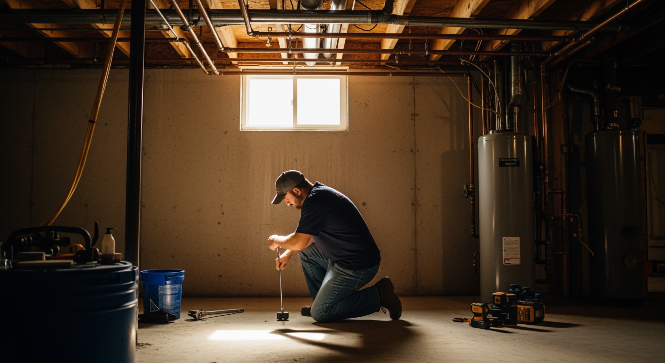 Bridgepoint plumbing technician working on copper pipework in a residential basement