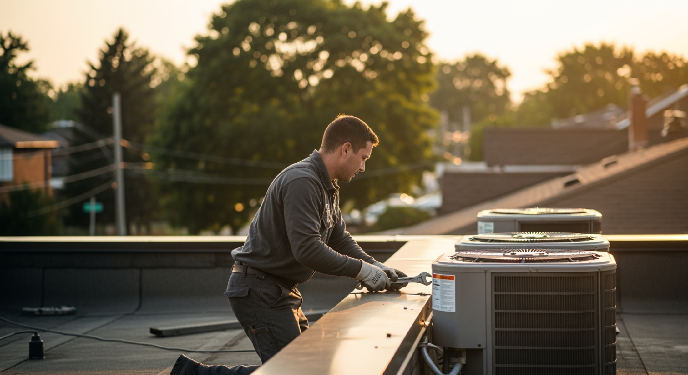 Bridgepoint HVAC technician servicing a residential rooftop condenser at late afternoon
