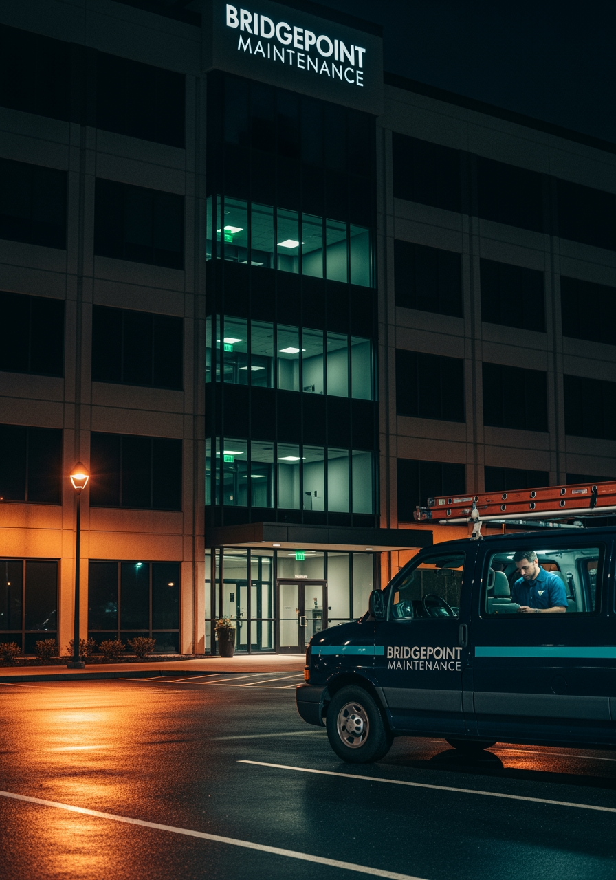 Dark commercial office building at night with only emergency lights inside, Bridgepoint service van parked near the main entrance