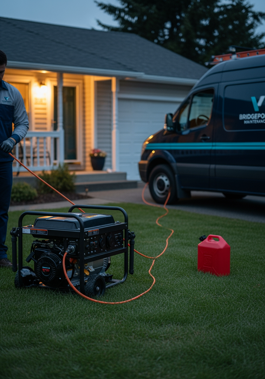 Portable generator running outside a residential home during a power outage, extension cord and fuel can on the lawn, Bridgepoint service van in the driveway