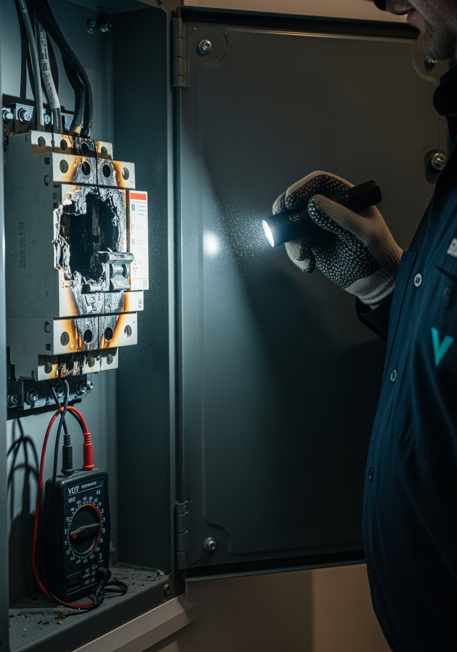 Close-up of a burned main breaker in an open residential electrical panel, gloved hand with flashlight inspecting the damage, multimeter in foreground