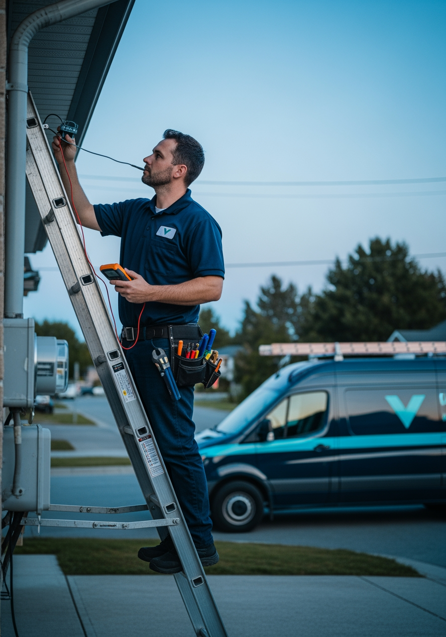 Bridgepoint electrician on a ladder inspecting an exterior service mast and meter base at dusk, branded service van in the driveway