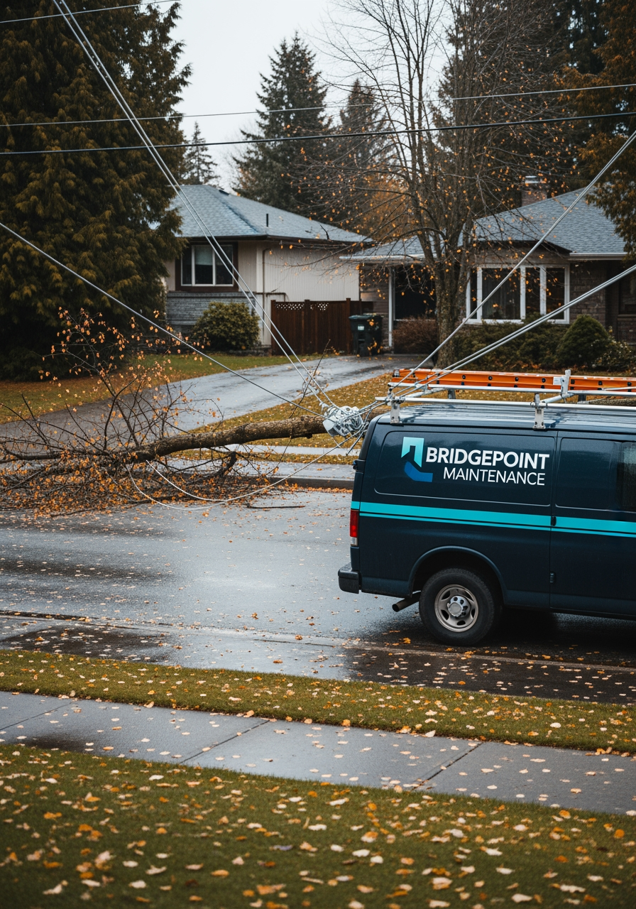 Downed power line across a residential driveway after a storm, Bridgepoint service van parked at the curb