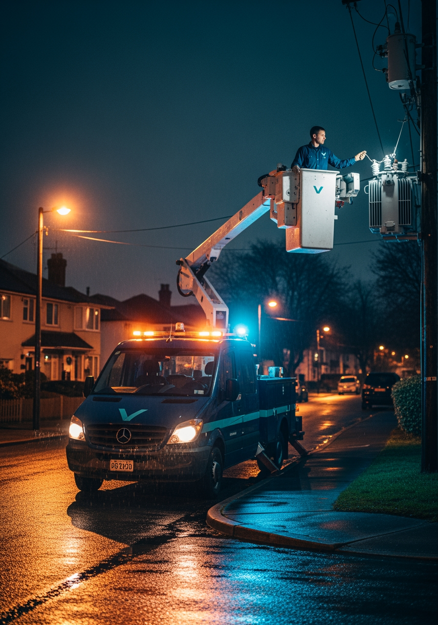 Utility bucket truck working a pole-mounted transformer at night with Bridgepoint service van staged at the curb