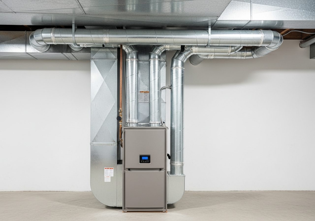 Residential high-efficiency furnace newly installed in a basement