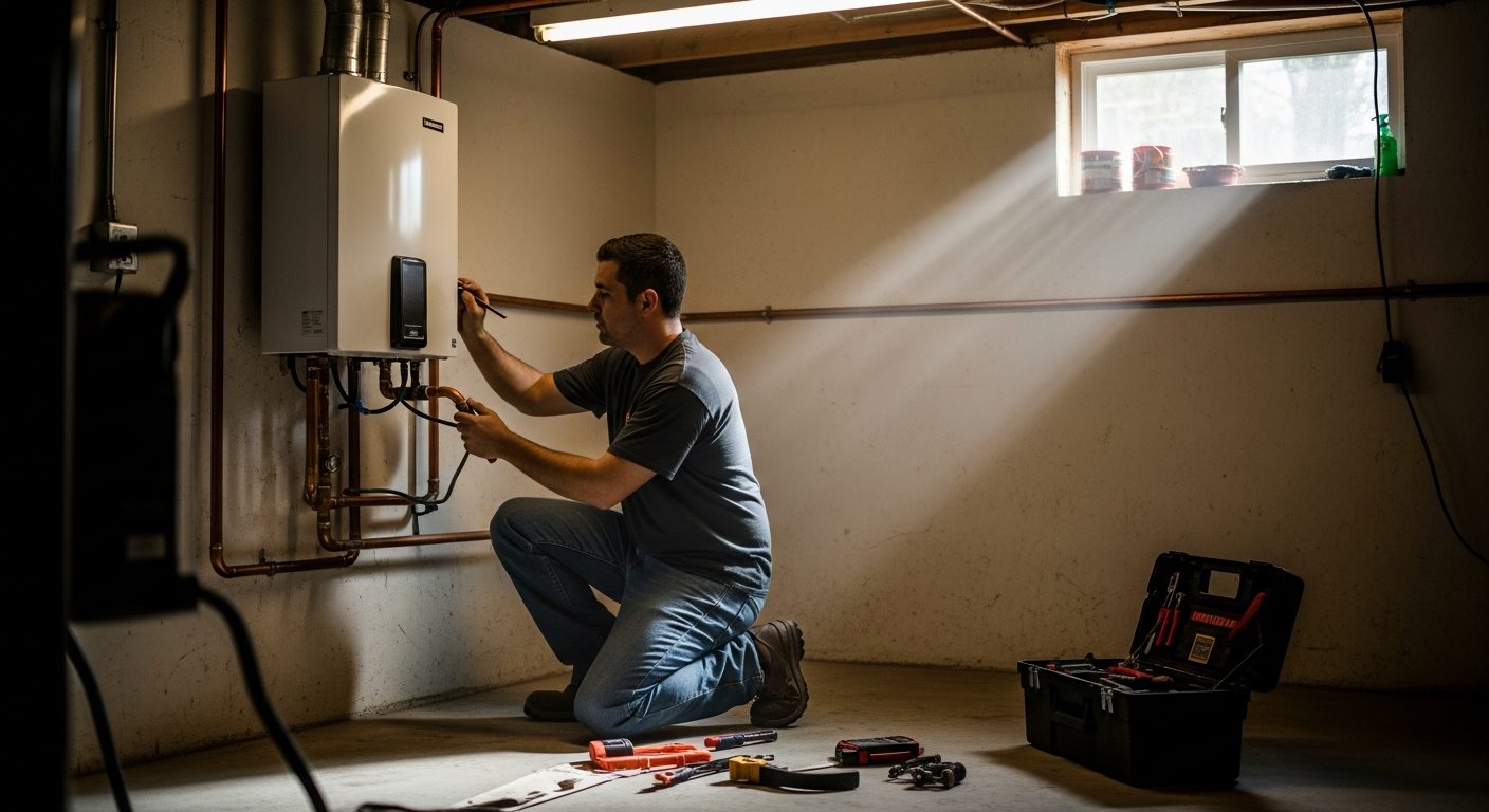 Tankless water heater install in a residential utility room